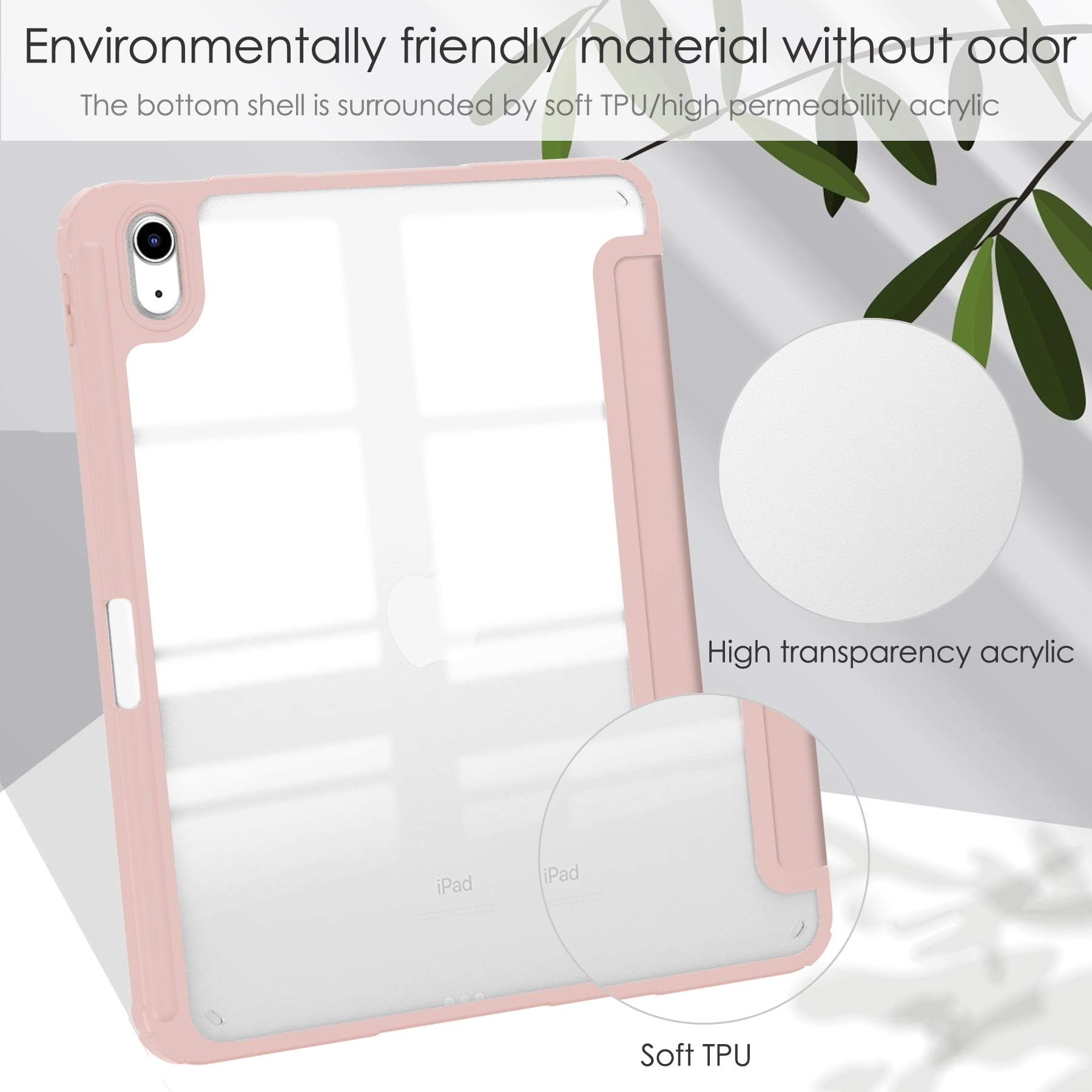 Allytech iPad 10th Generation Case with Pencil Holder, Transparent Clear Back Shell Trifold Stand Auto Sleep Wake Shockproof Drop Protective Case Cover for Apple iPad 10th Gen 2022-Rosegold