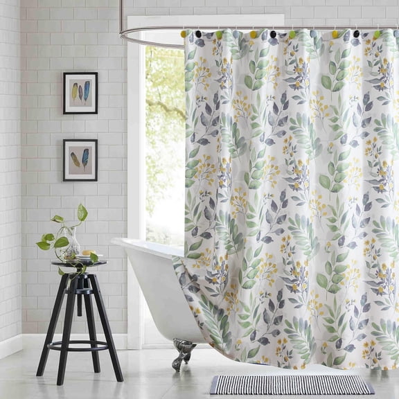Voguly Sage Green Watercolor Shower Curtain 72x72, Gray Yellow Botanical Leaf Print, Fabric Bathroom Decor