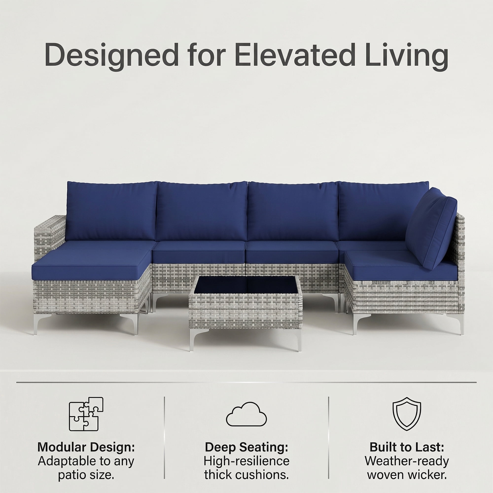 LAZZO 7-Piece Outdoor Conversation Set, Wicker Patio Furniture Set with Cushions and Coffee Table, Blue