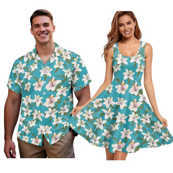 Jiueut Lily Flower Pattern Matching Hawaiian Outfits for Couples, Women's Casual Summer Flowy Sleeveless Crewneck Dress Men's Hawaiian Button Down Aloha Shirt, XS