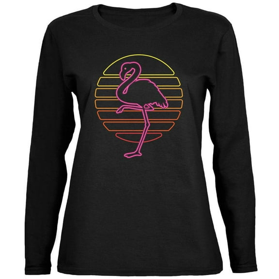 Retro 80s Neon Sign Flamingo Sunset Ladies' Jersey Long-Sleeve Tee Black SM