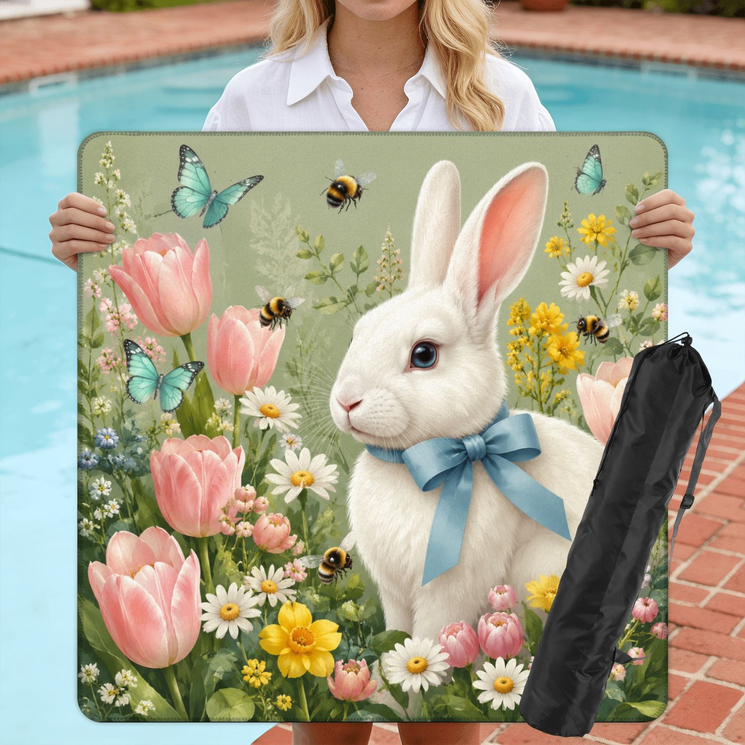 Mahjong Mat 31.5" x 31.5" White Rabbit Blue Ribbon Leaping Floral Garden Butterflies Bees Non-Slip Noise Reduction American Mahjong Tiles Table Cover for Dominoes Poker Card Board Games Gift