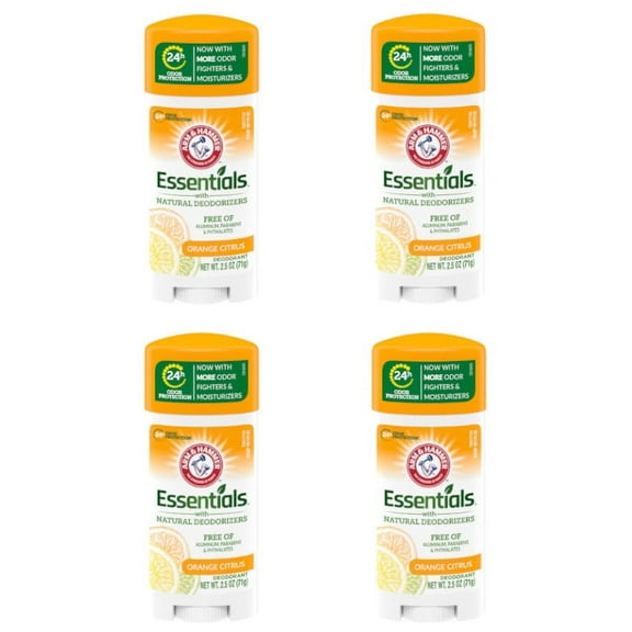 ARM & HAMMER Essentials Deodorant- Orange Citrus- Solid Oval- Made with Natural Deodorizers- 2.5 oz (Pack of 4)