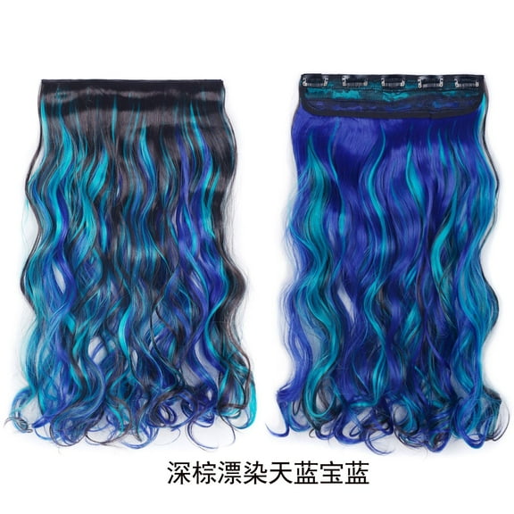 XmhyTop 17.7" Long Straight Clip in Hair Extensions, Full Head One Piece Style with 5 Clips, Highlight Synthetic Fibre, Easy-to-Wear for Women, Blue B