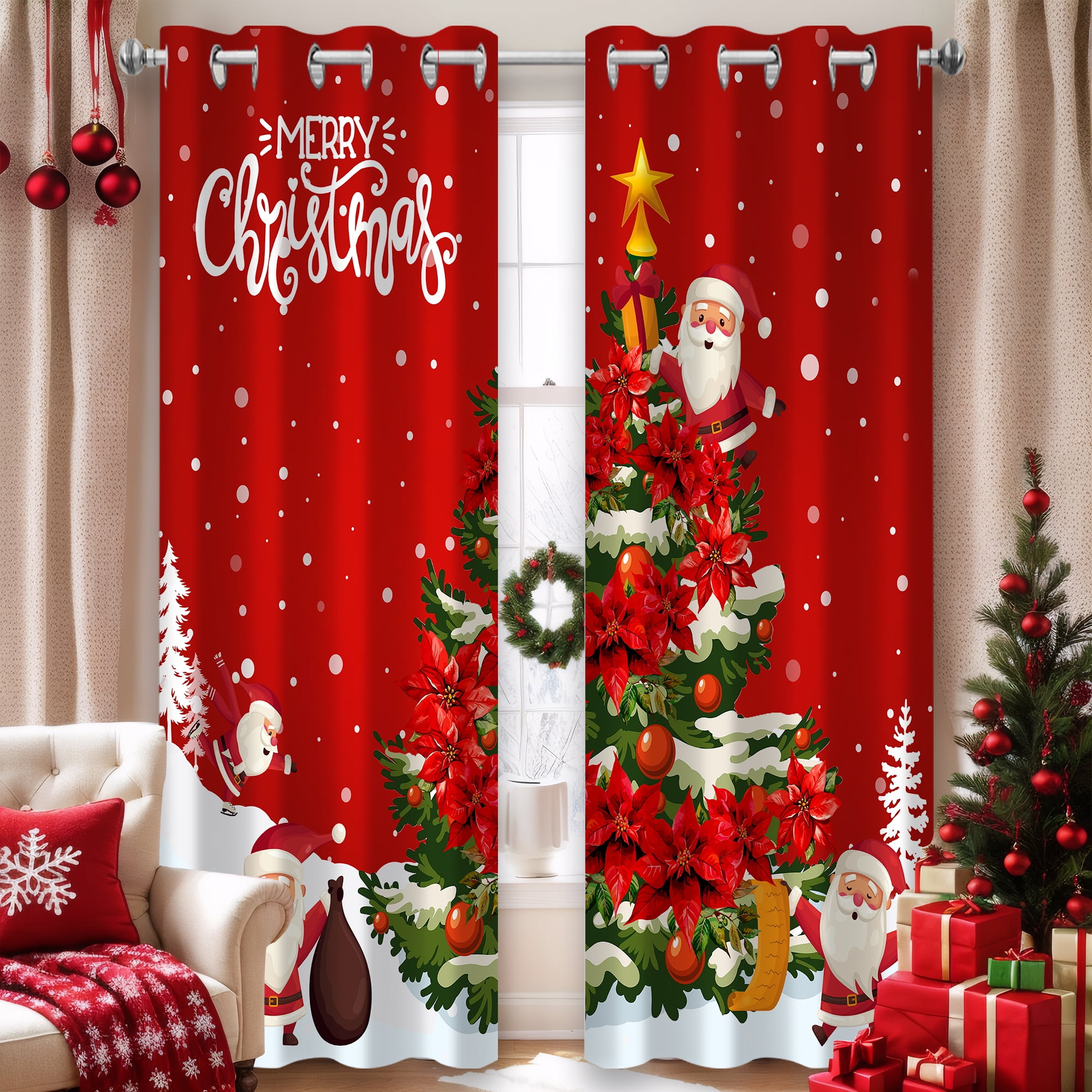 Christmas Santa Claus Black Out Window Curtains, Xmas Tree Gift Winter Snowflake Decor for Bedroom, Living Room, Grommet Window Drapes 2 Panel Set, 52"x84"