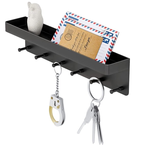 Key Holder Wall Mount, Key Holder Wall Mount Adhesive with Mail Organizer Tray with 6 Key Hooks for Wall, Black