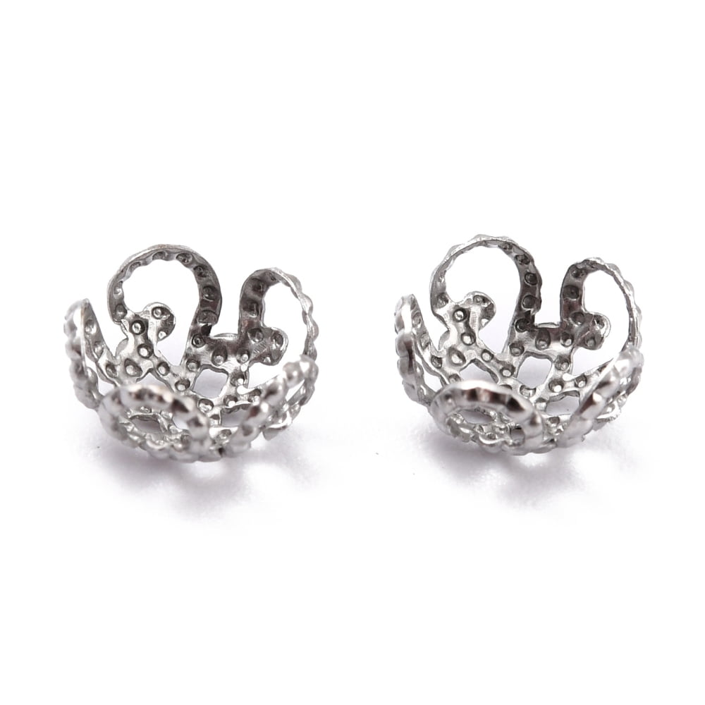 1000pcs Tarnish Resistant 5-Petal 304 Stainless Steel Bead Caps Stainless Steel color 8x4mm Hole: 1mm