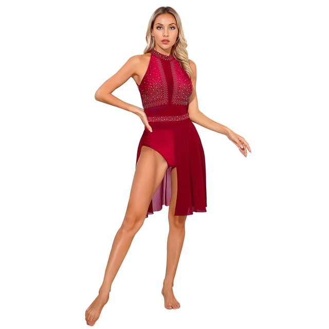 iiniim Costume de Danse Lyrique pour Femmes Sans Manches Col Halter Justaucorps Robe Fluide en Tulle Bourgogne TG