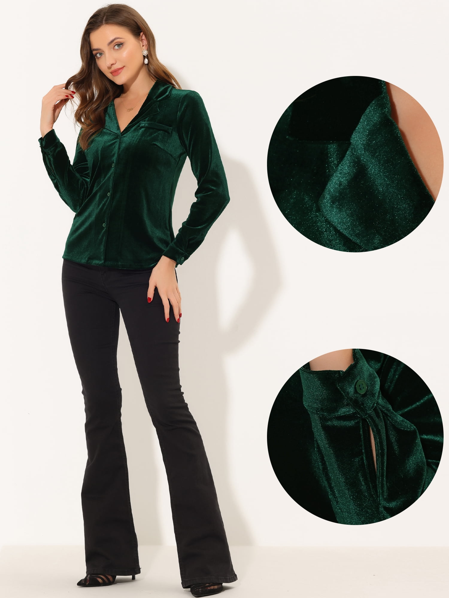 DARING DIVA Women's Retro Velvet V Neck Long Sleeve Button Down Shirt M Dark Green