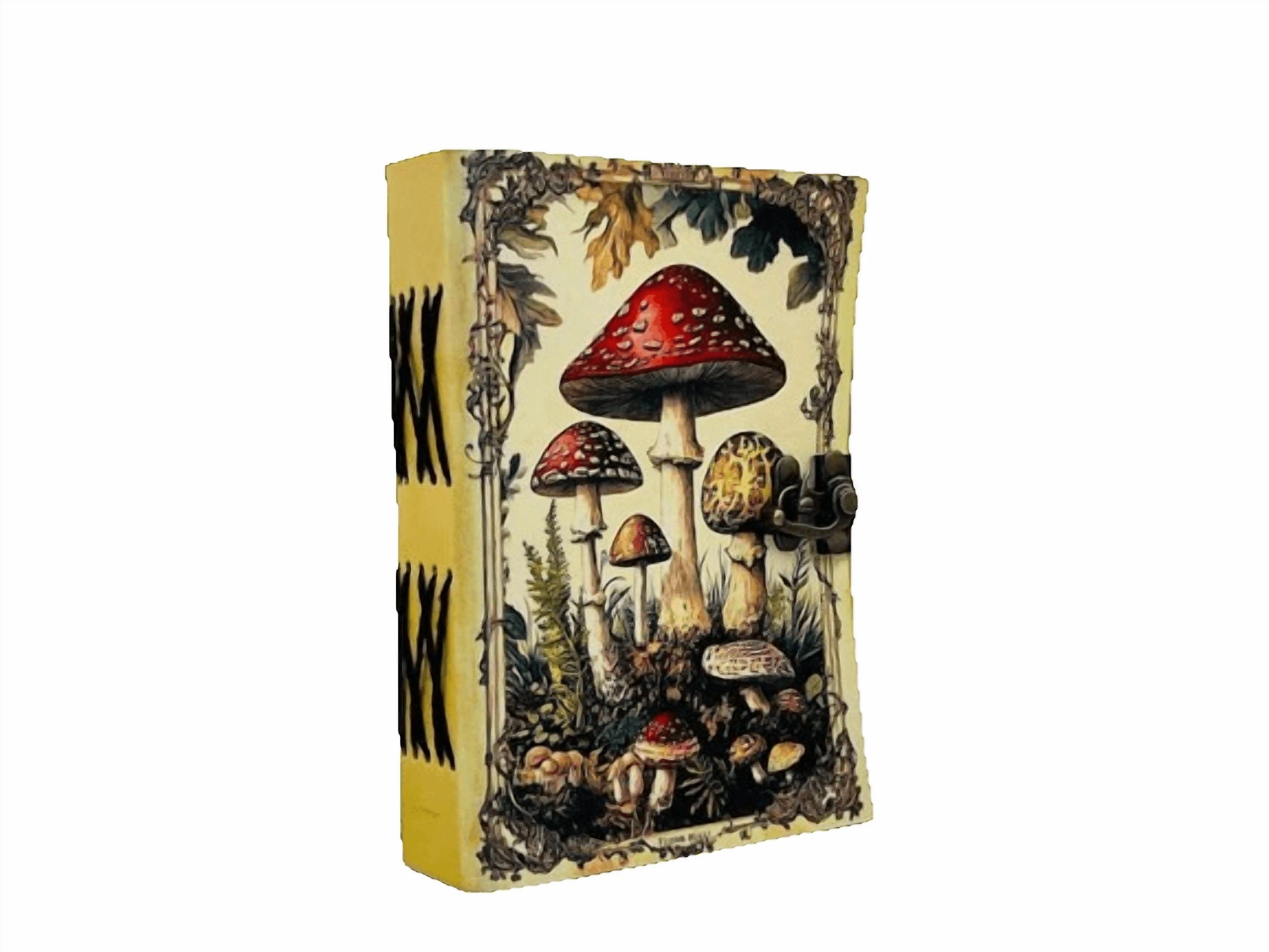 Vintage Mushroom Leather Journal, 5x7 Inch Handmade Notebook with Amanita Artwork, 200 Eco-Friendly Handmade Paper Pages, Antique Locking Diary for Writing & Sketching
