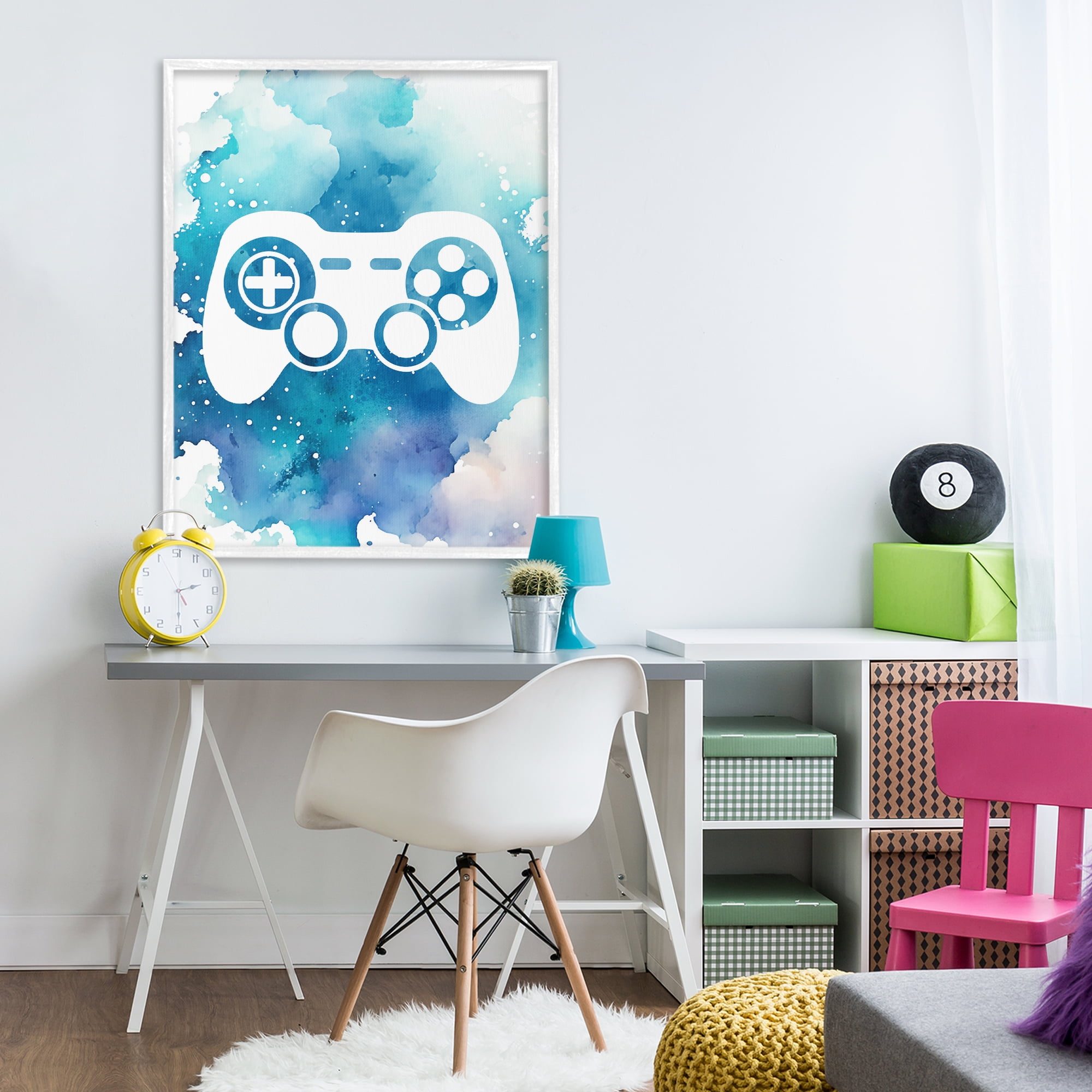 Blue Controller Splatter White Framed Giclee Art, design by Marcus Prime