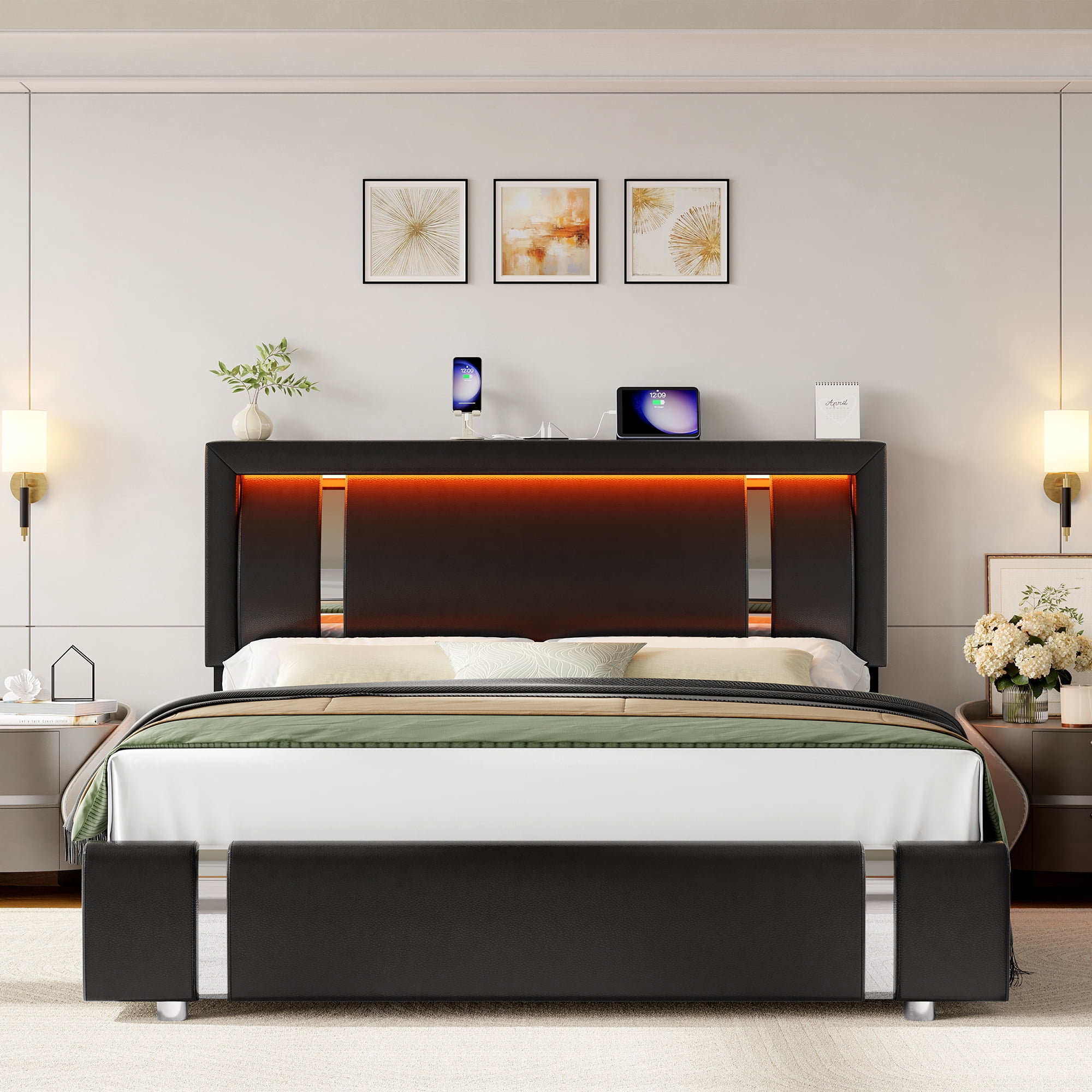 Homfa Full Bed Frame with LED Headboard & Charge Station & 2 Storage Drawers, PU Leather Upholstery Adjustable Platform Bed Frame, Black
