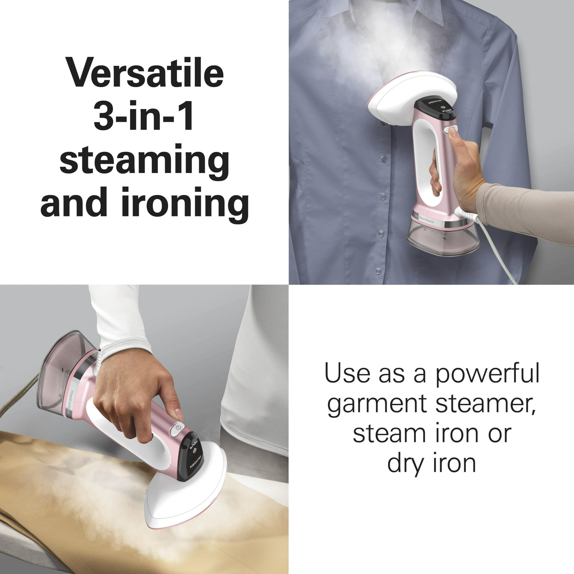 Hamilton Beach 3-in-1 Handheld Garment Steamer and Iron for Clothes, Removable Water Reservoir, Rose