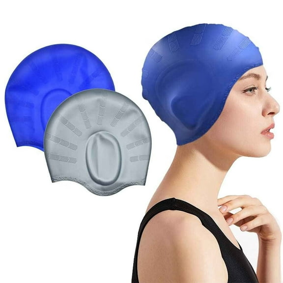 Silicone Swim Cap (2pack),Ear Protection 3D Ergonomic Design Waterproof Bathing Solid Swimming Cap Ear Cover Pockets Comfortable for Adult Men Women Long Hair