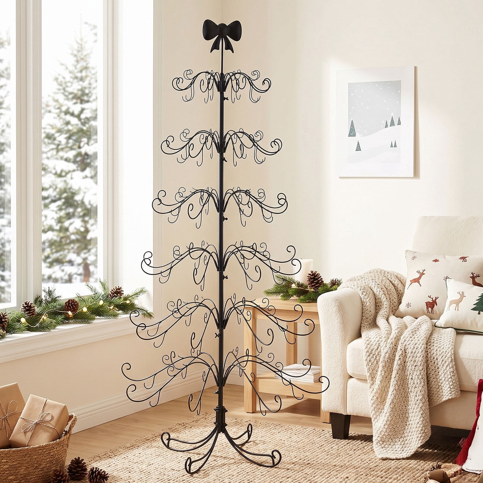 6ft PVC Metal Artificial Christmas Tree with Bow Topper, No Extra Ornaments, Daily Decor Tree, Black