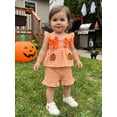 thumbnail image 5 of RUINIXCW Toddler Bbay Girl Halloween Outfits Toddler Girls Summer Fall Clothes Pumpkin Ghost Bat Embroidery Plaid Gingham Fly Sleeve Shirt Tops Shorts Set, 5 of 9