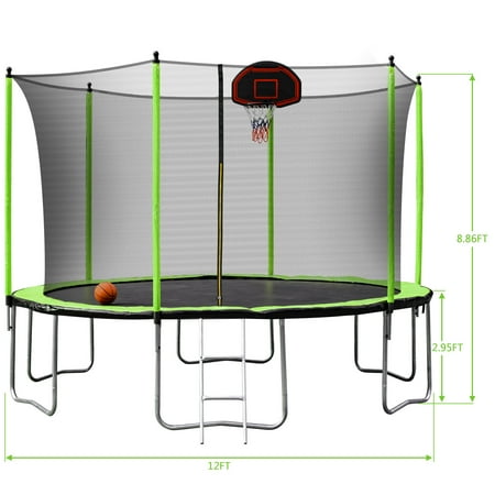 Lykos 12ft Trampoline with Basketball Hoop Inflator and Ladder(Inner Safety Enclosure)Green