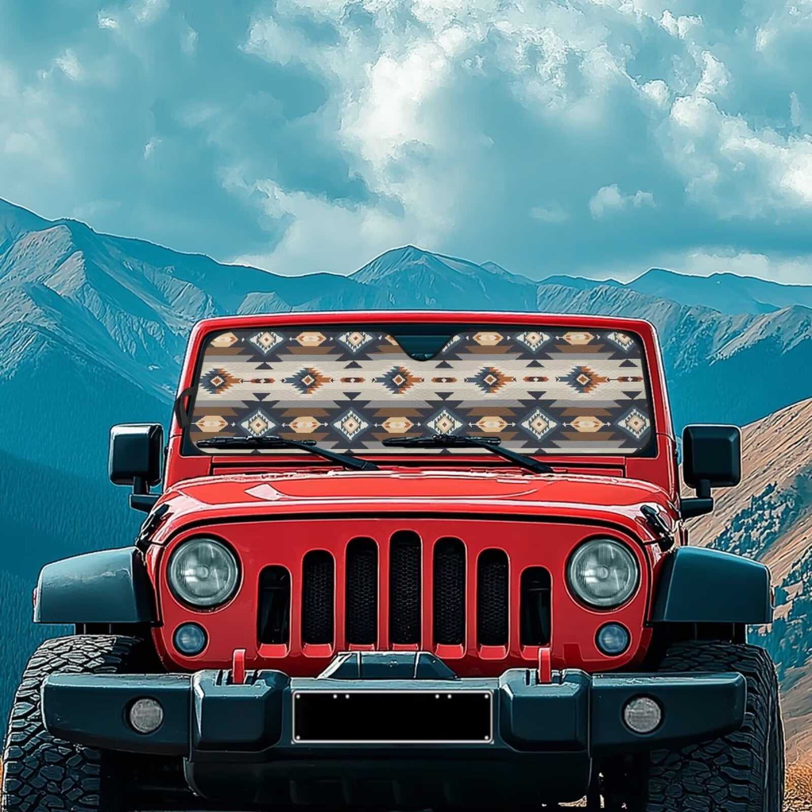 Uorisanigo Southwest Aztec Windshield Sunshade Sun Visor for UV Rays & Heat Protection, Compatible with 2007-2024 Wrangler Rubicon Sahara TJ JK JKU 2 & 4 Door, Accessories for Jeep Wrangler
