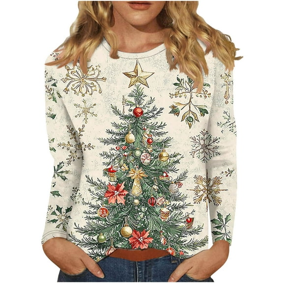 Hueook Christmas Shirts for Women Thermal Shirts Fashion Women's Casual Long Sleeve Christmas Printing Round Neck Loose T-Shirt Blouse Top White XL