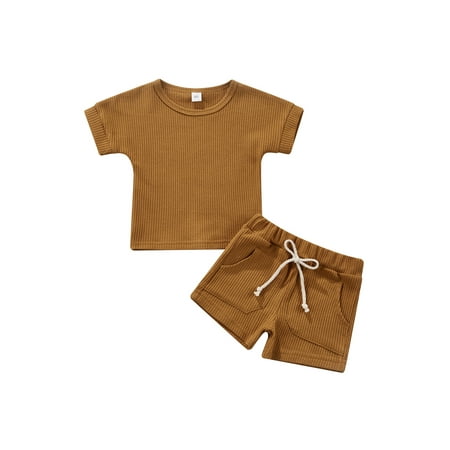 

Eyicmarn 2 Pieces Kids Suit Set Solid Color Round Neck Short Sleeve T-Shirt+ Shorts with Pockets for Girls Boys 6 Months-4 Years