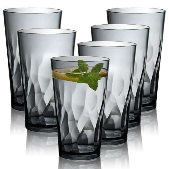 Shatterproof Plastic Glass Set 6-Piece, Unbreakable 16 oz Tumblers for Home Office Parties, Dishwasher Safe Stackable Cups, Grey