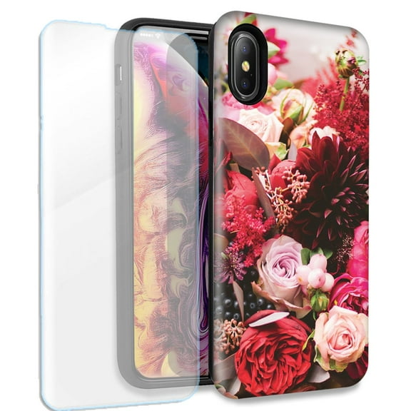 Mundaze Colorful Flowers Double Layer Case w/Glass Screen Protector For Apple iPhone XR