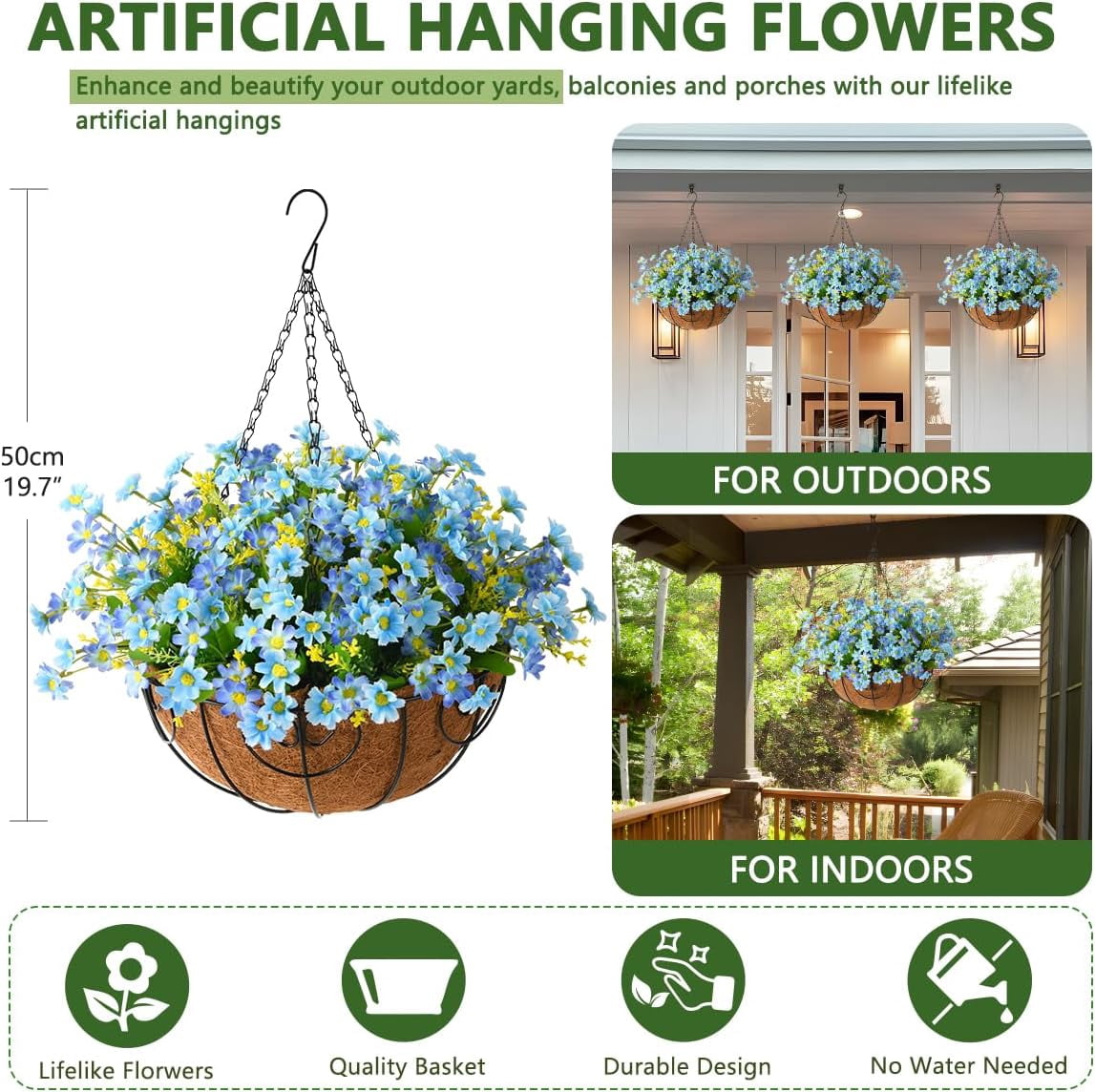 Artificial Hanging Flowers in Basket,Fake Daisy Plants Arrangement,inch Coconut Lining Basket Hanging Plant,Outdoor Indoor Patio Lawn Garden Porch Spring Decor (Dark Purple)