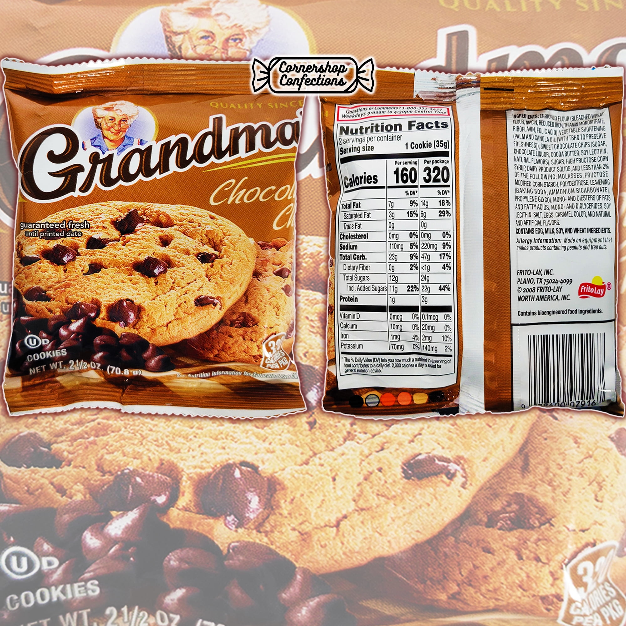 Grandma's Chocolate Chip Cookies Bulk Pack - 20 Individually Sealed 2.5 ounce Bags, Each With 2 Large Cookies - For Birthdays, Lunchboxes, Work Snacks, Road Trips in Cornershop Confections Pack