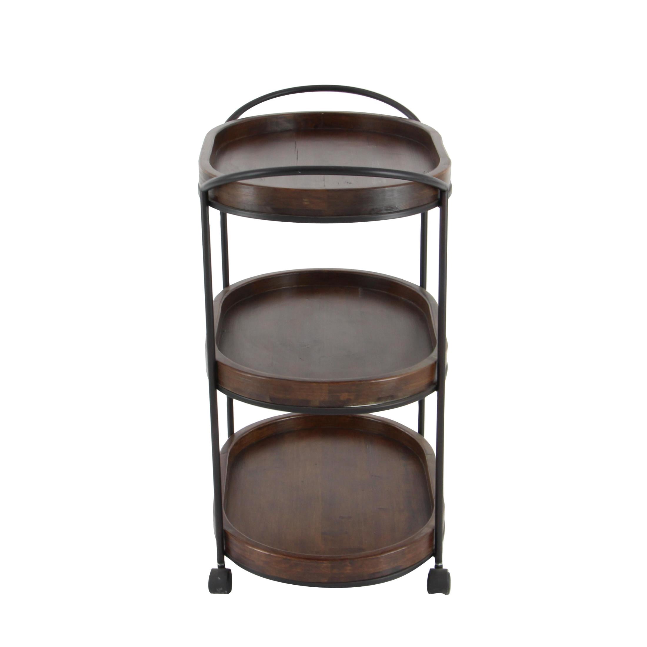 DecMode 25" x 30" Brown Wood Rolling Oval 3 Shelf Bar Cart with Black Metal Frame, 1-Piece