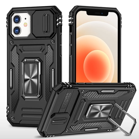 for iPhone 12/12 Pro Case with 360° Rotate Ring Kickstand & Sliding Camera Cover & Support Magnetic Car Mount Holder Military Grade Drop Protection Case for iPhone 12/12 Pro, Black