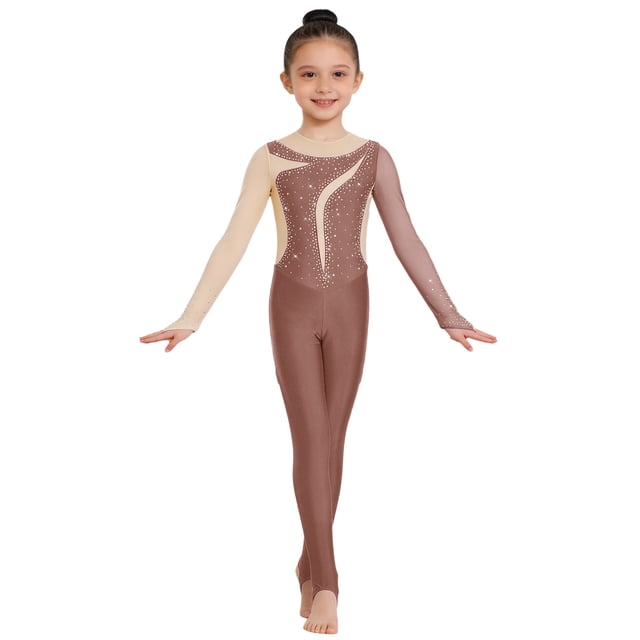 CHICTRY Toddler Girls Mesh Patchwork Unitard Full Length Gymnastic Leotard Tumbling Bodysuit Color Block Dance Jumpsuit Dusty Pink 6