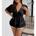 thumbnail image 2 of Plus Size Women Sexy Half Zip Up Low Cut Short Sleeve Ruffle Babydoll Peplum Tops, 2 of 5