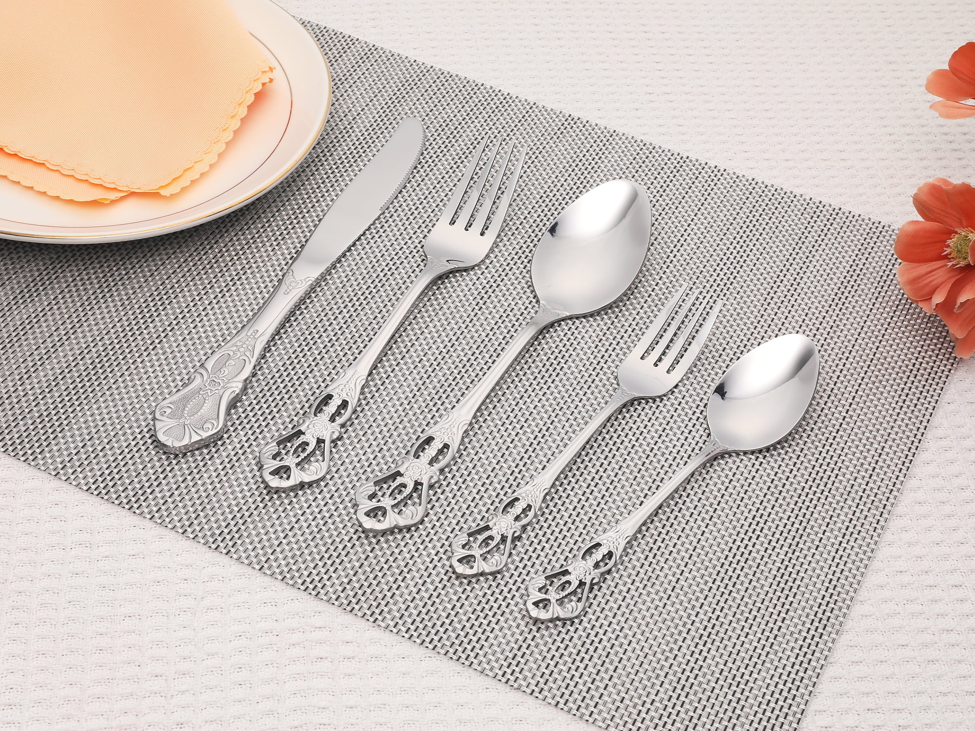 Unique Bargains 20 Piece Stainless Steel Floral Flatware Set for Kitchen Eating Tableware Silver 20