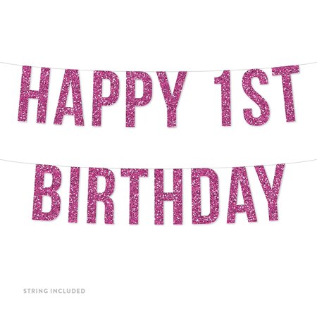 First Birthday Banners - Pink Girl's Happy 1st Birthday Real Glitter Paper Pennant Hanging Banner Includes String No Assembly Required