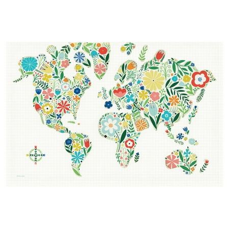 Beautiful Flower Filled World Map on White by Michael Mullan; Floral Decor; One 18x12in Unframed Paper
