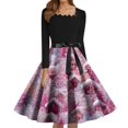 thumbnail image 5 of Women's Fashion Round Neck Casual Slim Christmas Printed Long Sleeve Dresses, Square Neck, Holiday Print, Retro Style, Party Wear, Slim Fit, Festive,Hot Pink,M, 5 of 6