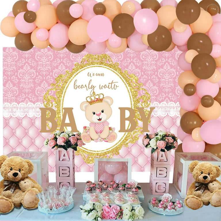 We can Bearly Wait Baby Decorations for Girl We can Wait Baby Bear Party Backdrop Bear Pink and Brown Balloon Garland Kit for Baby Shower Bear Theme Birthday Party Decor -