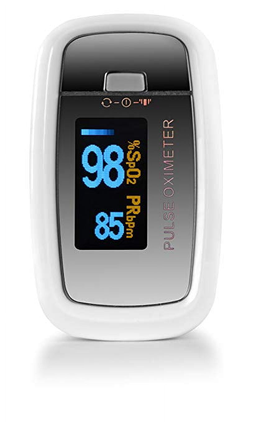 AccuMed CMS-50D1 Finger Pulse Oximeter Blood Oxygen Sensor SpO2 for Sports and Aviation. Portable and Lightweight with LED Display, 2 AAA Batteries, Lanyard and Travel Case (White)
