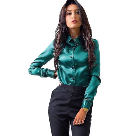 Women's Satin Blouse Fashion Long Sleeve Satin Silk Shirt Work Office Top Casual Shirt
