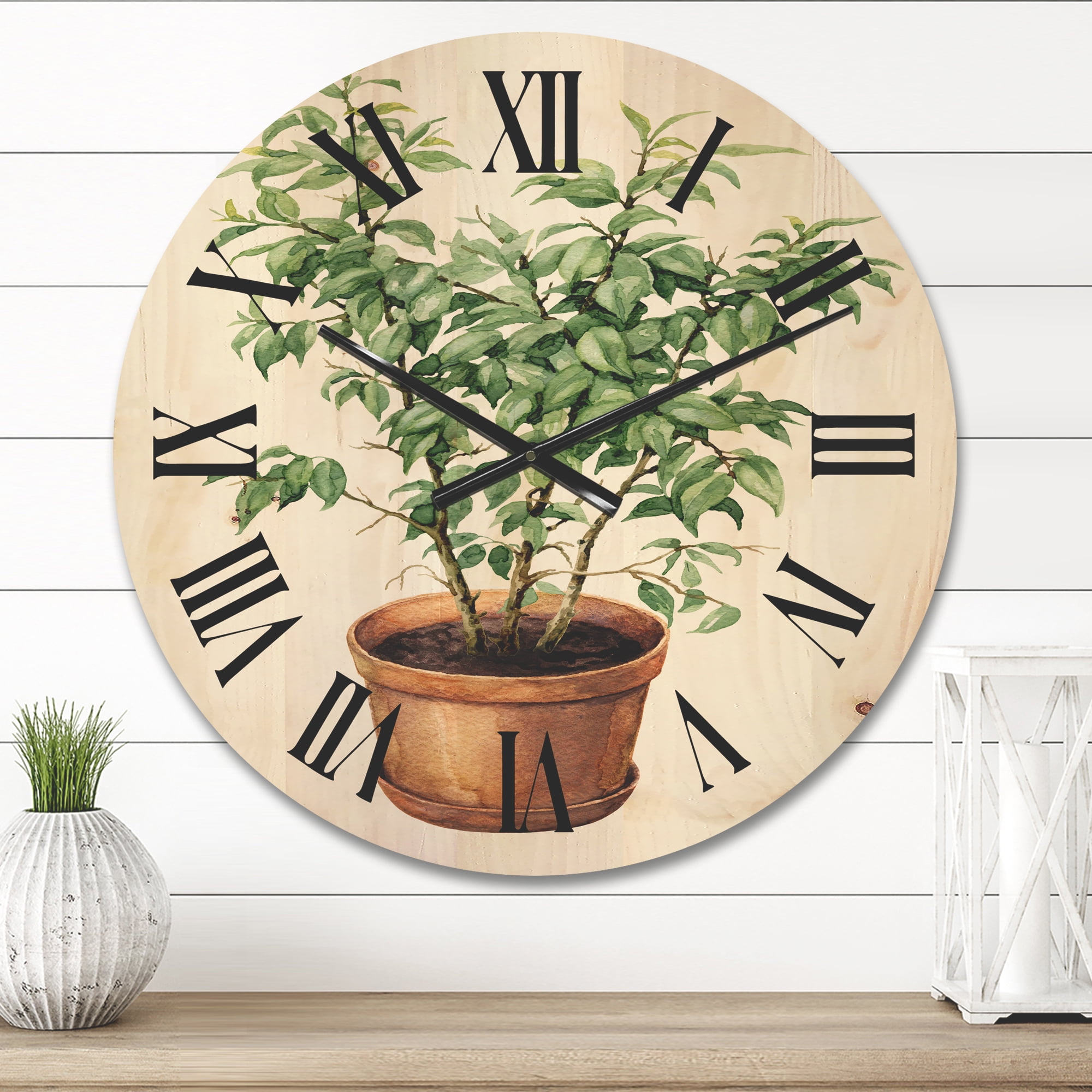 Designart 'Ficus Benjamina Plant In Clay Flowerpot' Traditional Wood Wall Clock
