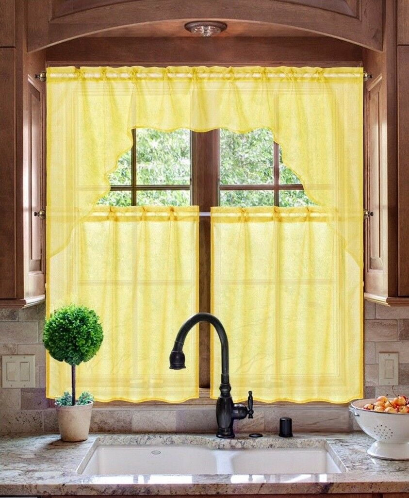 K66 YELLOW 3PC Luxurious Sheer Organza Kitchen Rod Pocket Window