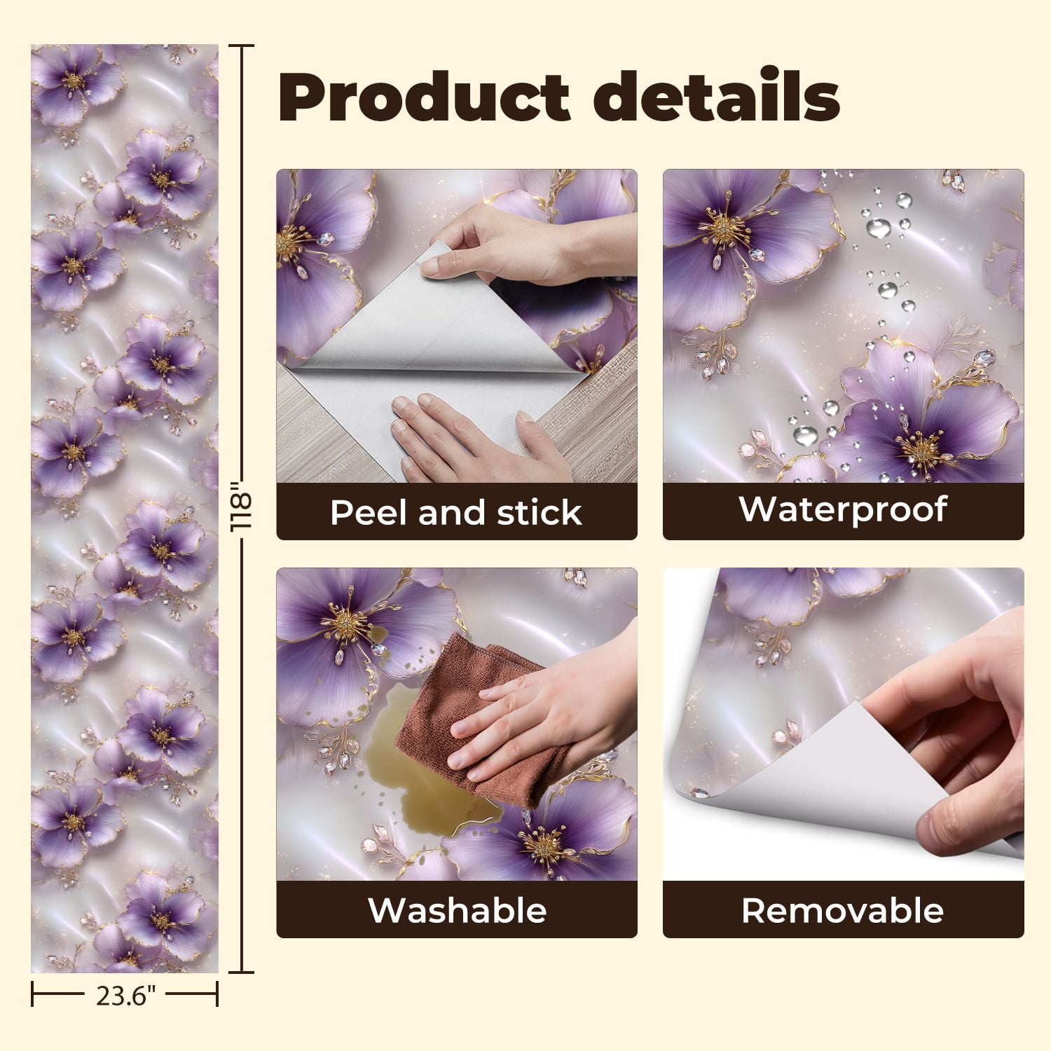 Peel and Stick Wallpaper Delicate Purple Floral Design Gold Accents Gemstone Wall Mural 23.6in x 9.8ft Self Adhesive Removable Wall Paper Renter Friendly Wallpaper for Nursery Bedroom