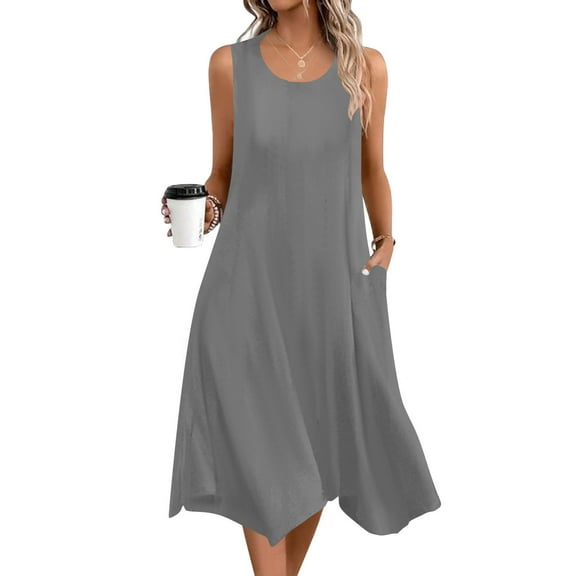 Viikei Womens Dresses Plus Size Clearance Sales,Women Solid Casual Dress for Summer Tank Dress Loose Flowy Beach Dress with Pockets Hankerchief Flare Midi Sundress Gray S