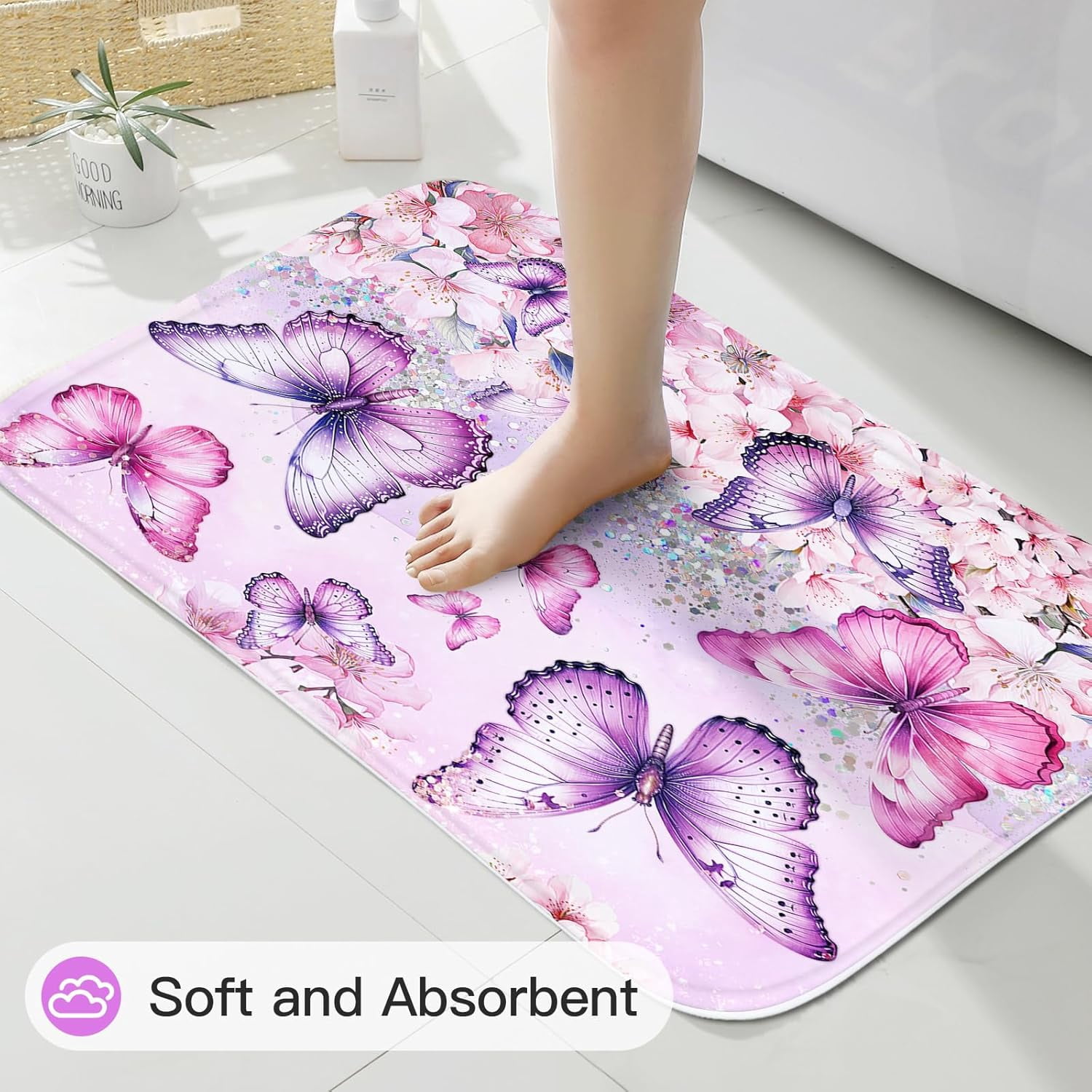 4 Pcs Purple Butterfly Shower Curtain Set with Non-Slip Rugs, Modern Toilet Lid Cover and Bath Mat, Floral Chic Bathroom Decor Set with Shower Curtain and Rugs