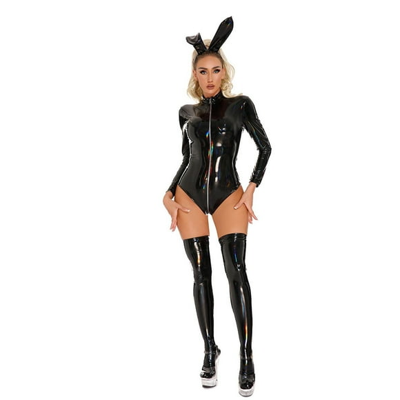 FhsagQ Womens Lingerie Bodysuit Plus Size Women Jumpsuit Bunny Girl Leather Zipper Sparkly Rabbit Ears Headband Sexy Underwear Womens Lingerie Bodysuit Crotchless Plus Size Black XL