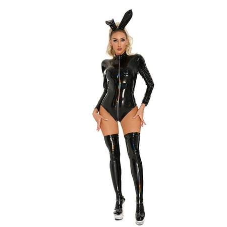 Yuhangmm Women Jumpsuit Bunny Girl Leather Zipper Sparkly Rabbit Ears Headband Sexy Underwear Cute Lingerie
