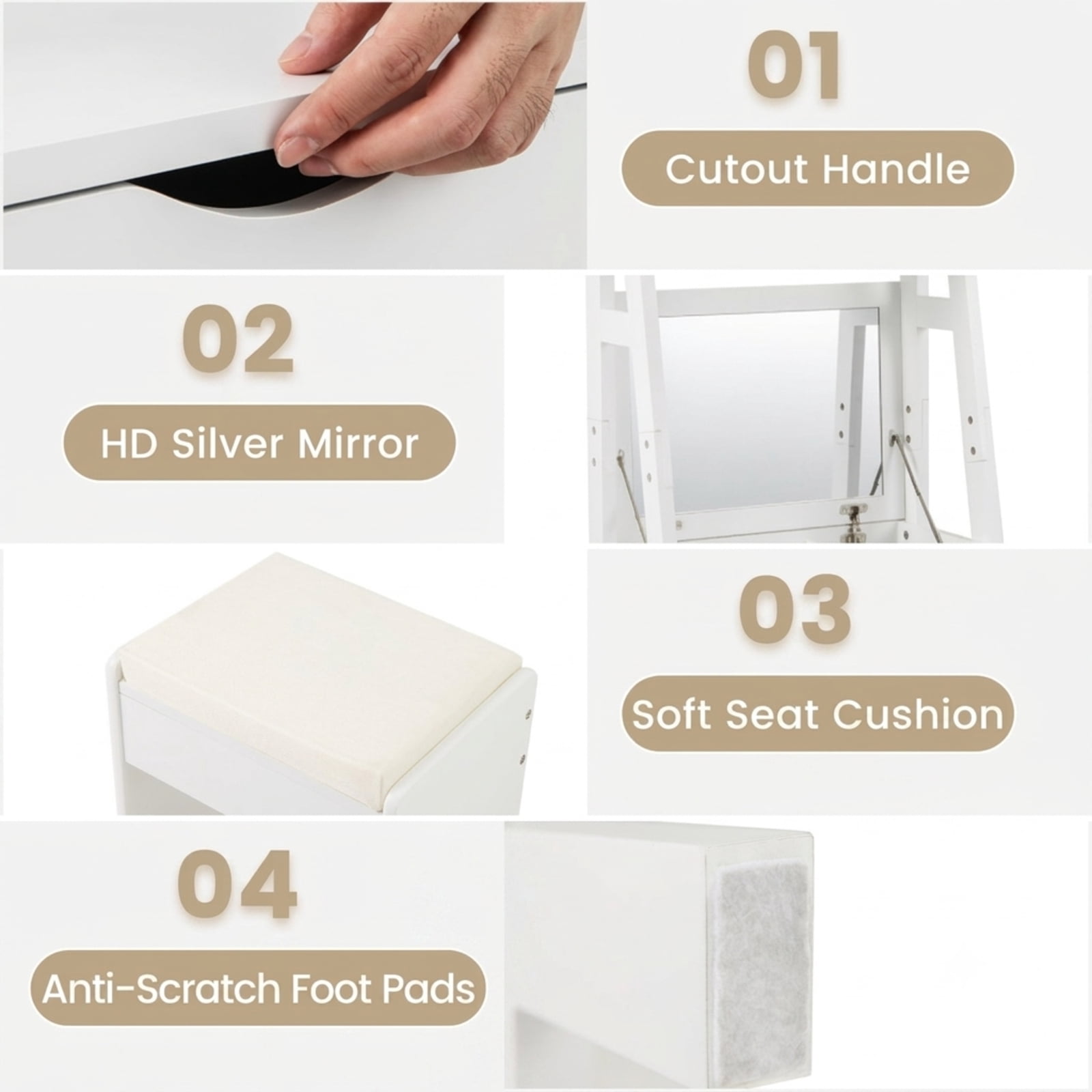 Furnibear Vanity Desk Set with Flip Top Mirror Hidden Storage Compartments and Cushioned Stool for Bedroom Makeup Dressing Room Vanity Desk, White