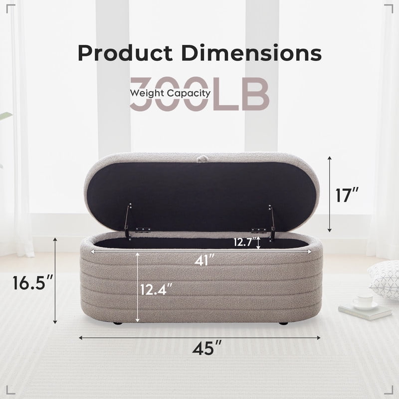 Comfort Stretch 45x16.5 Inch Gray Teddy Storage Ottoman Bench,Oval Footrest with Anti-Slip Legs
