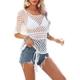 thumbnail image 5 of Biekopu Women Bikini Cover-Ups Solid Color Hollow-Out Knitted Crew Neck Short Sleeve Beach Swimwear, 5 of 7