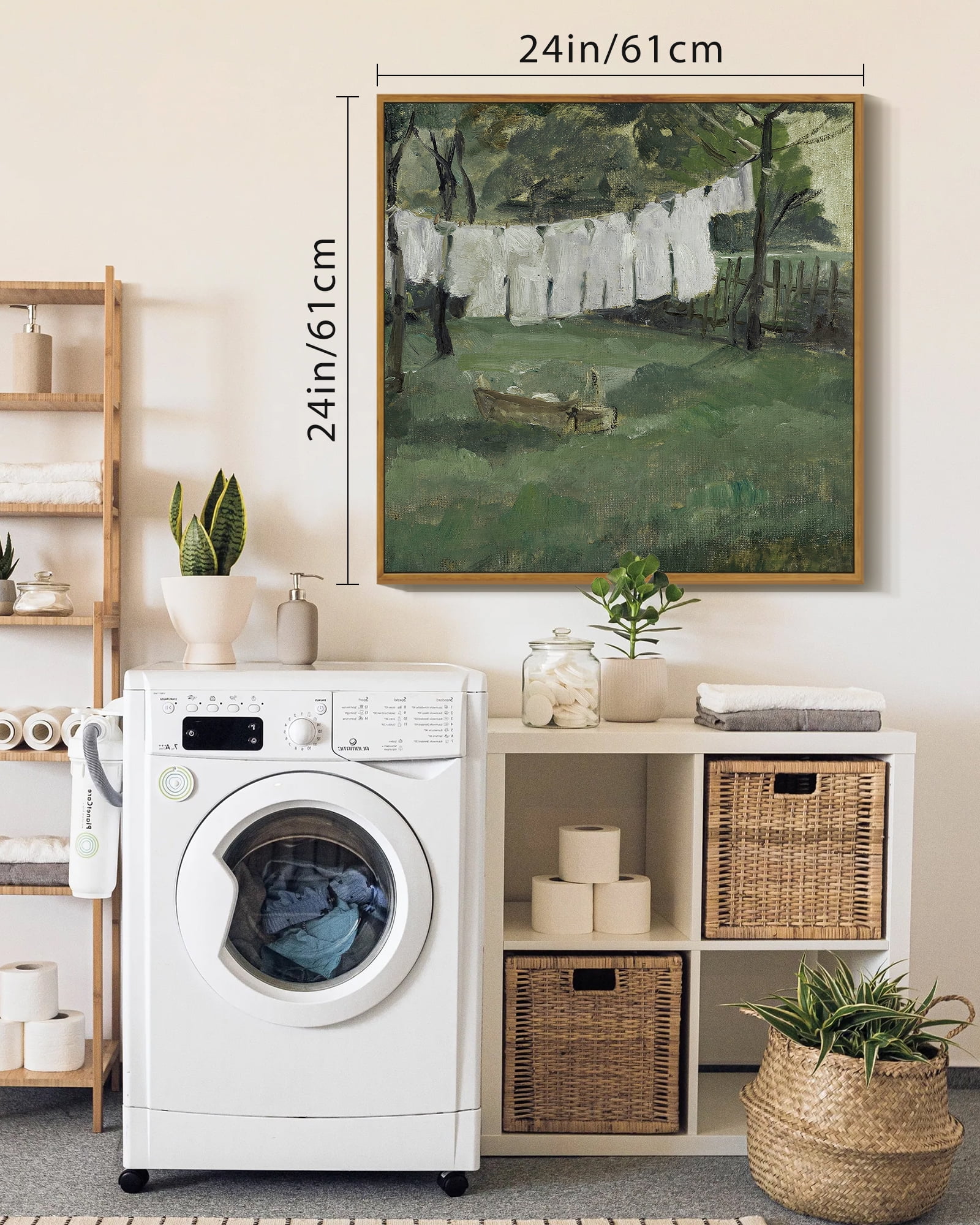 Drsoum Large 24x24in Natural Framed Vintage Landscape Canvas Wall Art Laundry Room Classic Wall Prints Modern Farmhouse Bathroom Office Decor